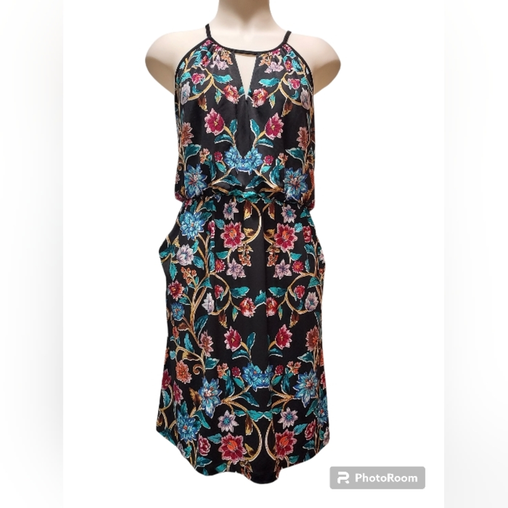 Nicole Miller Sleeveless Stretch Black Floral Dress with Pockets